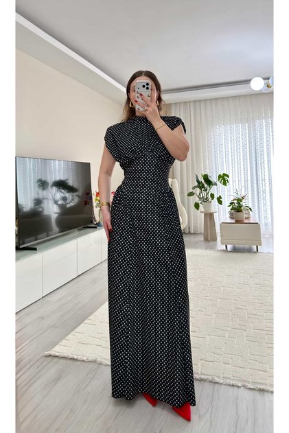 Puantiye Desen Sırt Detay Vintage Elbise