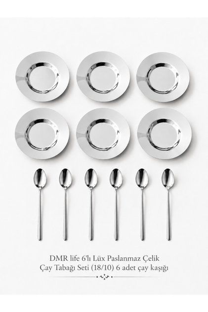 6-Piece Simple Luxury Stainless Steel Tea Plate Set & 6 Plain Tea Spoons (18/10)