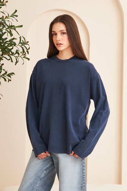 Crew Neck 100% Cotton Washed Long Sleeve T-Shirt