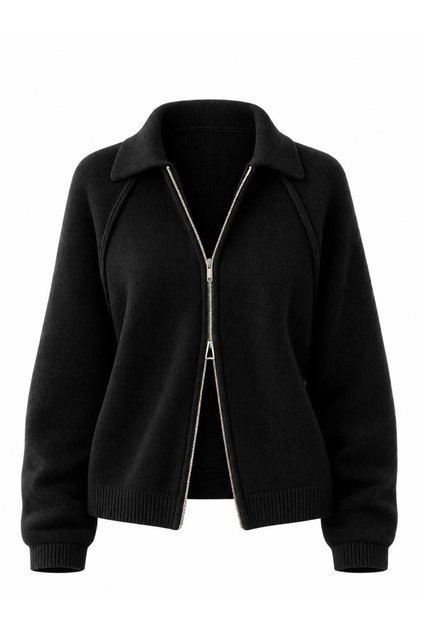 Rosalie Oversize Polo Yaka Çift Fermuarlı Triko Hırka Kadın Siyah