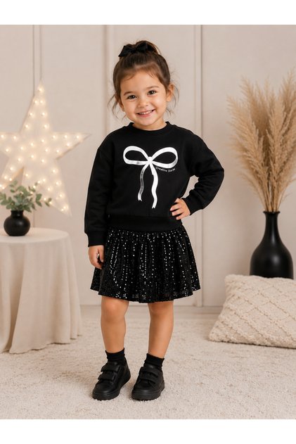 Girl's Black Sequined Skirt Set – Bowknot Sweatshirt, Shiny Sequined Skirt, Stylish and Special Occasion Combination