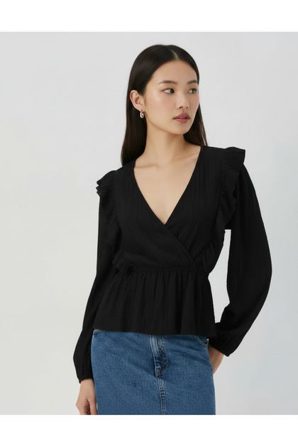 V-Neck Ruffle Detailed Double-Breasted Blouse Black
