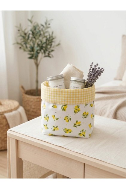 Sarı Pötikare ve Limon Desenli Çok Amaçlı Organizer - Makyaj, Masaüstü ve Banyo Düzenleyici 26x23