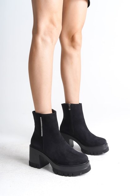 Lisse Zippered Orthopedic Sole Thick Heeled Suede Women's Boots Sst - Black