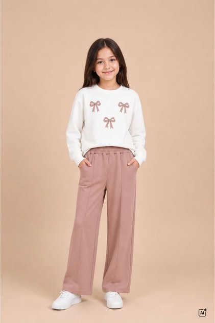 Brown Girls' Bow Patterned Sweatshirt Wide Leg Sweatpants Set 24825