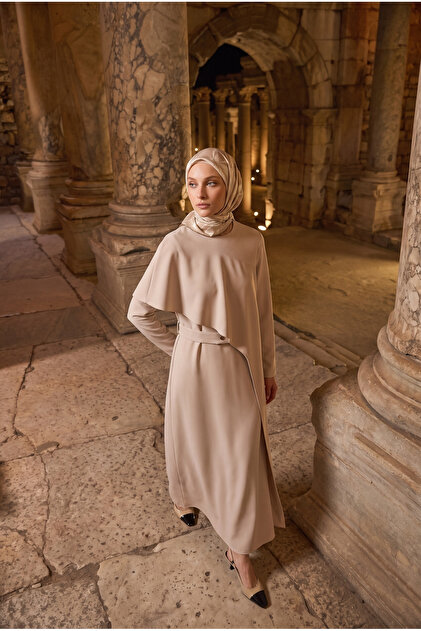 Asymmetrical Layered Detailed Belted Long Sleeve Stylish Hijab Dress 140 cm Length Stone 26Ka906