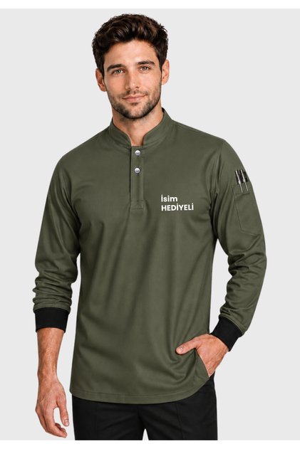 Khaki Green Chef Jacket with Name Gift, Practical Chef Jacket with Elastic Sleeves, Chef Uniform, Chef Clothing