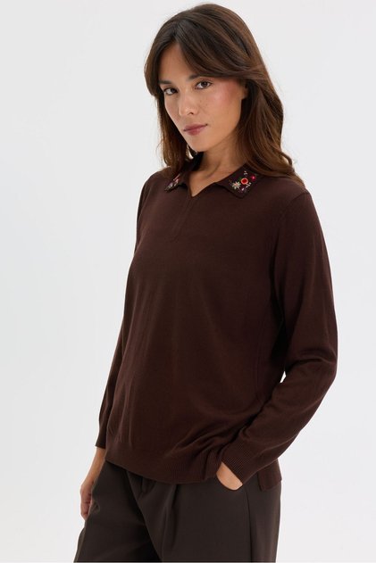 Women's Polo Collar Embroidered Liguara Blouse M.Brown