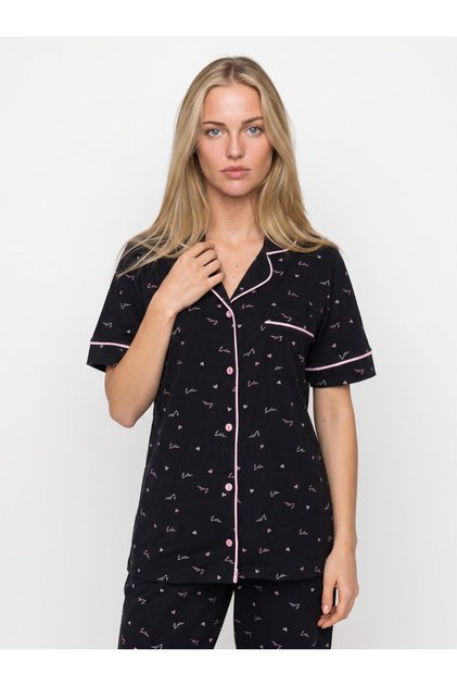 Women's Short Sleeved Love Patterned Front Buttoned Pajama Set