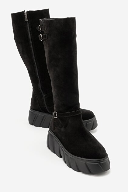 Hanivell Women's Genuine Leather Thick Soled Boots Black Suede