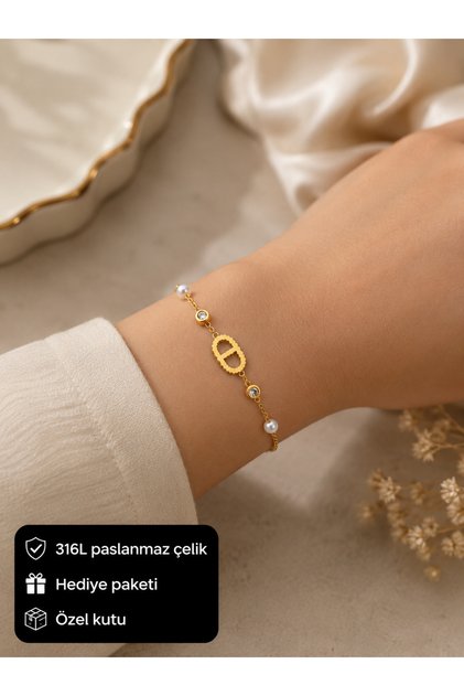 Women's 316L Steel Gold Infinity Figured Pearl Detailed Elegant Chain Bracelet
