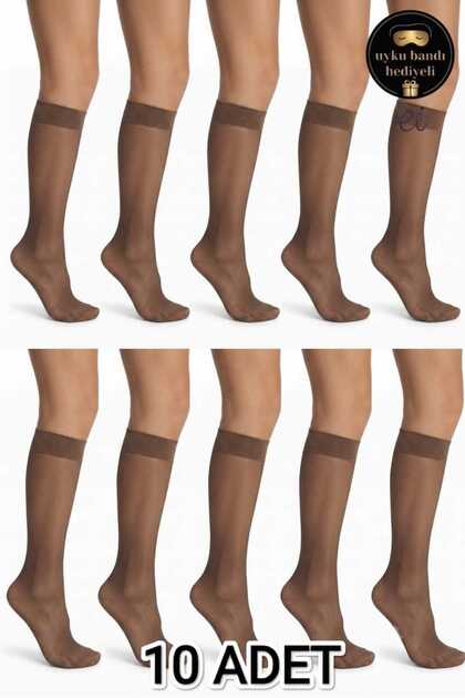 10-Pack Mink Color (86) 20 Denier Thin Below-Knee Socks Set - Casual, Office, Under-Pants Nylon Socks - Special Production Sleep Band with Gift