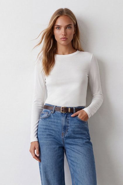 Women's White Crew Neck Blouse with Finger Detail Alc-X15657