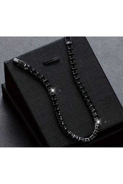 Black Zircon Stone Waterway Bracelet Unisex Black Plated Luxury Design (14 cm + Extension)