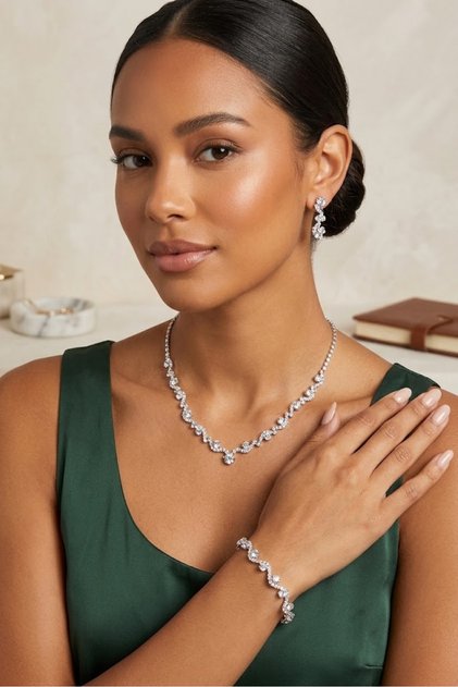 Zircon Stone Ivy Model Bridal Jewelry Set - Waterway Necklace Earrings Bracelet Wedding Evening Dress Set