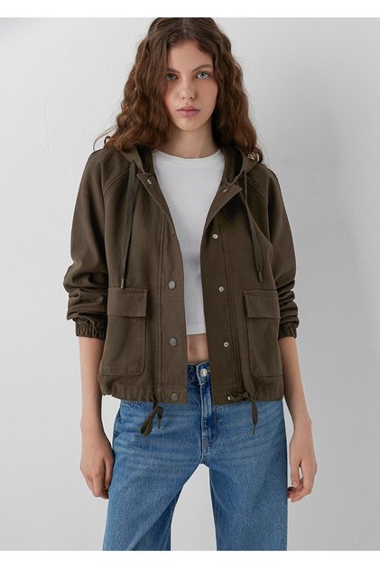 Hooded Buttoned Pocket Bag Pocket Women's Jacket.