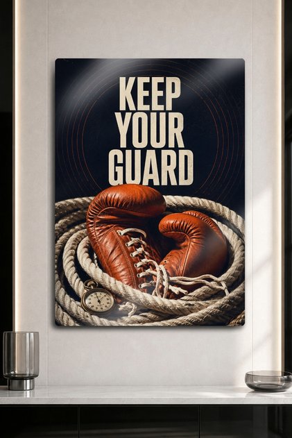 Metal Duvar Dekoru - Keep Your Guard Yazılı Deri Boks Eldiveni Halat ve Köstekli Saat Tablo