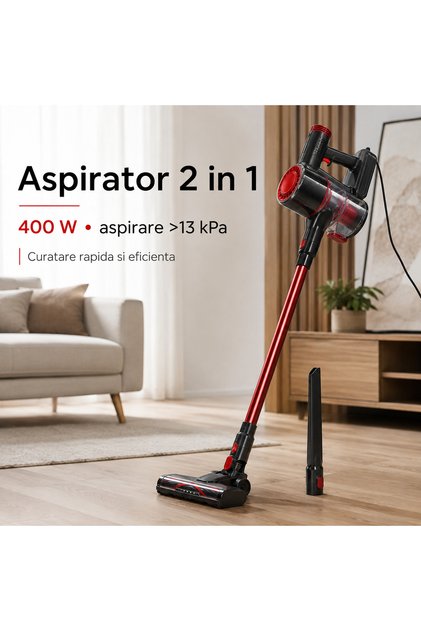 Aspirator Vertical si de Mana 2 in 1 400W, Peste 13 kPa, Filtru HEPA, Rezervor 0.8L, Perie LED, Cablu 4m