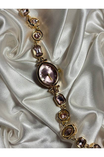 Pembe Taşlı Pinterest Saat Kadın Kol Saati Bileklik Saat Gold Kadın Saat
