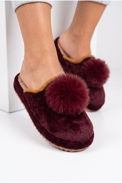 Women's Fluffy Plush House Slippers with Large Pompoms, Closed Toe, Warm, Soft Soled Winter Slippers
