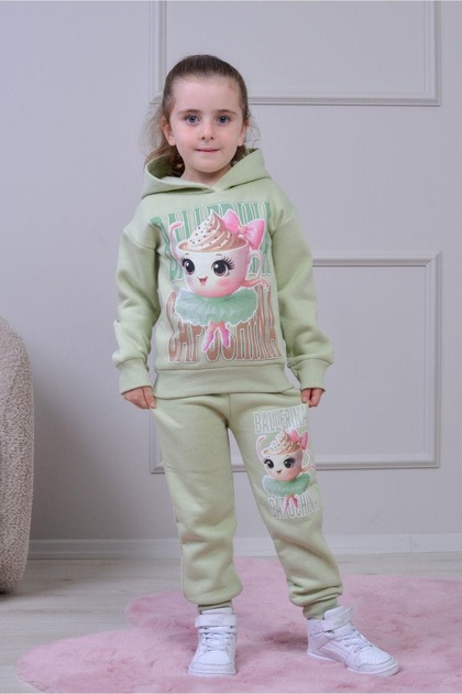 Girl's Patterned Hooded 3-Yarn Rastered Elastic Leg Sweatpants Set - 3003