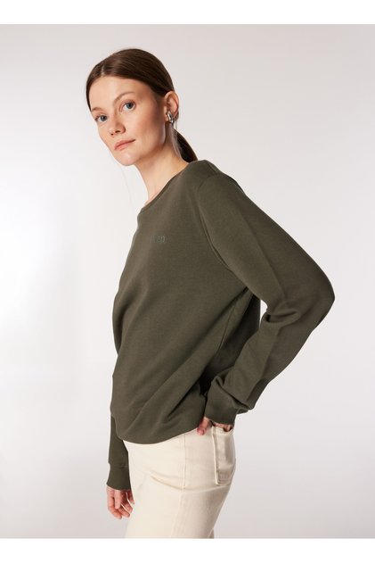 Women's Khaki Crew Neck Relaxed Fit Printed Cotton Sweatshirt J4WL-SWT7135