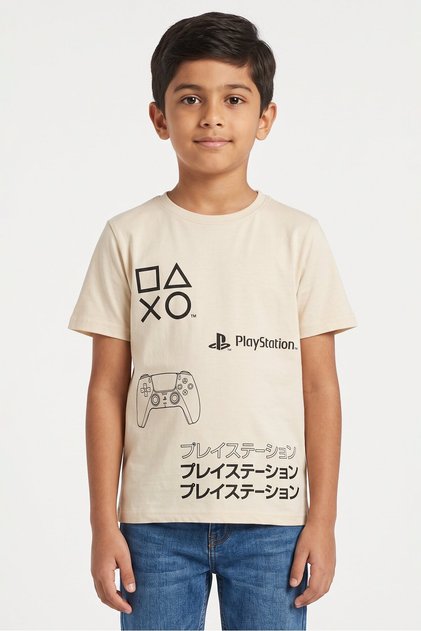 Kids Boy Graphic Print Short Sleeve T-Shirt, Beige