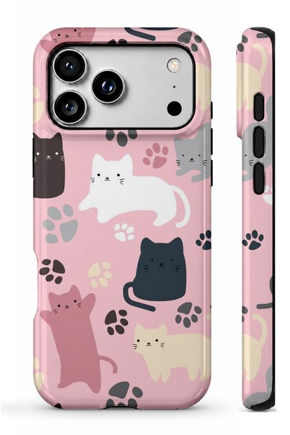 Compatible with iPhone 17 Pro Max / 18 Pro Max - Paws and Cats Double Layer Glossy Tough Phone Case