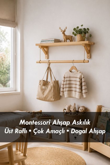 Ahşap Duvar Askılığı Üst Raflı Montessori Çocuk Askılığı Elbise Askısı