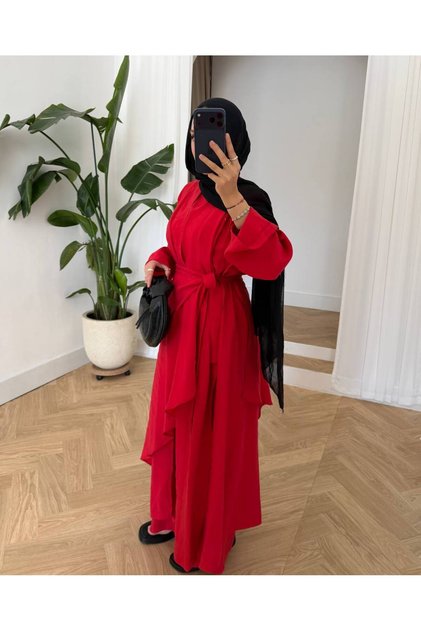 Kadın Bağlama Detaylı Oversize Rahat Kalıp 3'lü Kimono Gömlek Pantolon Takım