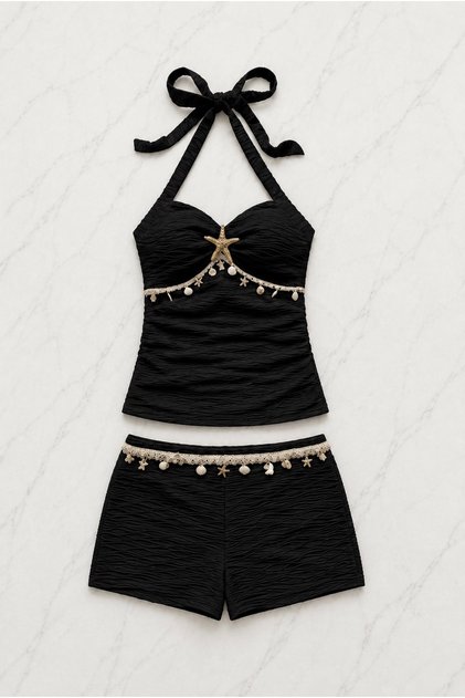 Sea Star Detailed Stone Striped Black Blouse and Shorts Two-Piece Set