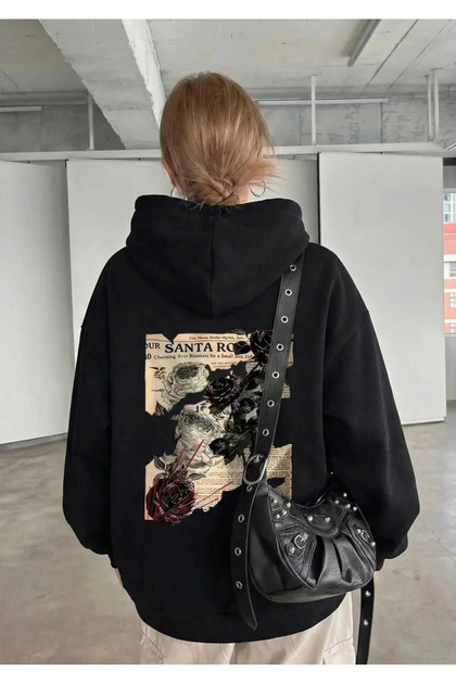 Women's Sweatshirt 3 Thread Threaded Hooded Oversize Burgundy Floral Printed Hoodie