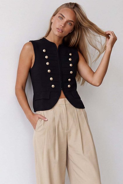Women's Black Hidden Clasp Gold Button Detailed Crew Neck Sleeveless Knitwear Vest Alc-X15616