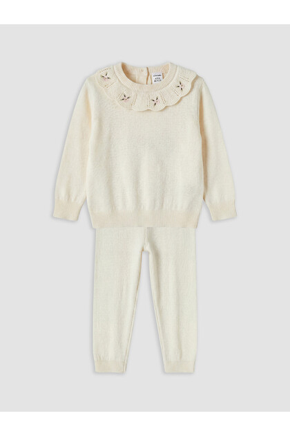 Lcw Baby Beige Embroidered Baby Girl Knitwear Set