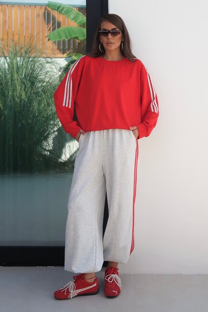 Women's Oversize Double Tracksuit Set with Stripes on the Sleeves and Sides 9155 - Red/Ecru
