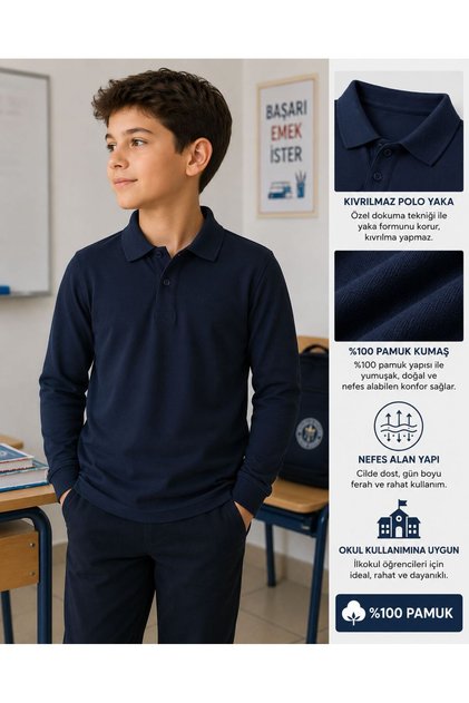 100% Cotton Polo Non-Curling Collar Long Sleeve School T-Shirt Breathable Fabric