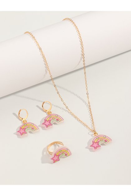 Girls Multi-Color Rainbow Charm Necklaces, Ring and Earrings Set
