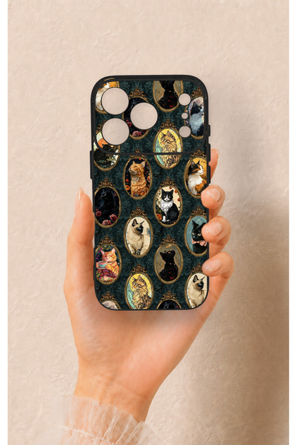 iPhone 17 Pro Compatible Vintage Cat Portraits Patterned Silicone Case