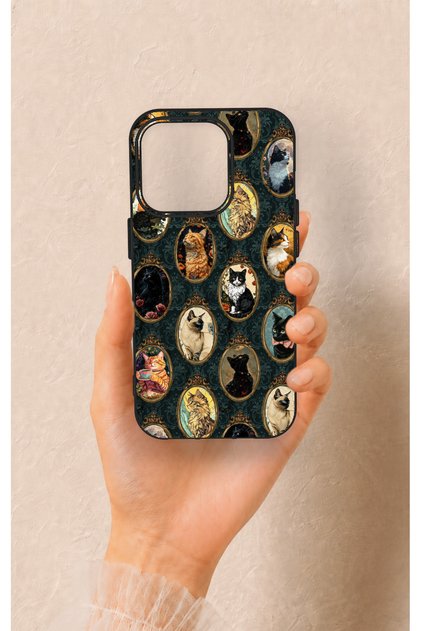 iPhone 15 Pro Compatible Vintage Cat Portraits Patterned Silicone Case