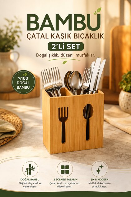 Doğal Bambu 2 Bölmeli Çatal Kaşık Bıçaklık – Mutfak Tezgah Üstü Organizer