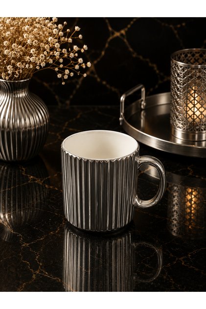 Porselen Gold Gümüş Lüsterli Çizgili Çay Kahve Kupası Bardak Kupa 350ml