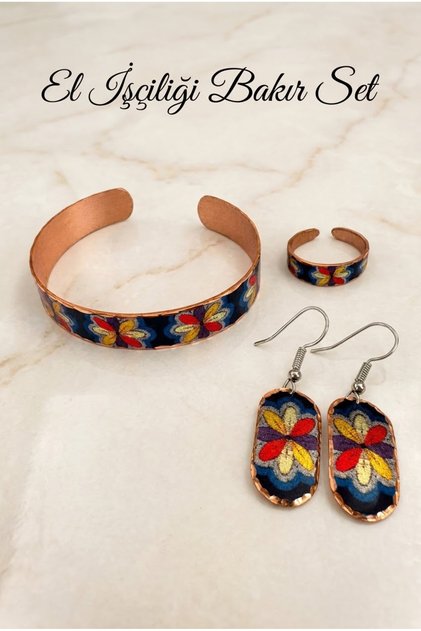 Handmade Ethnic Patterned Copper Jewelry Set – Bracelet, Ring, and Earrings