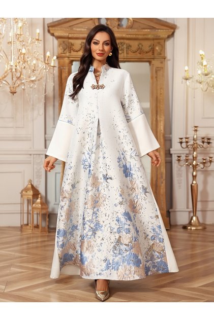 Floral Jacquard Ankle-Length A-Line Jalabiya Dress