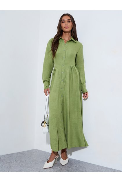 Green Solid Pleated Details Long Sleeves Shirt Maxi Dress