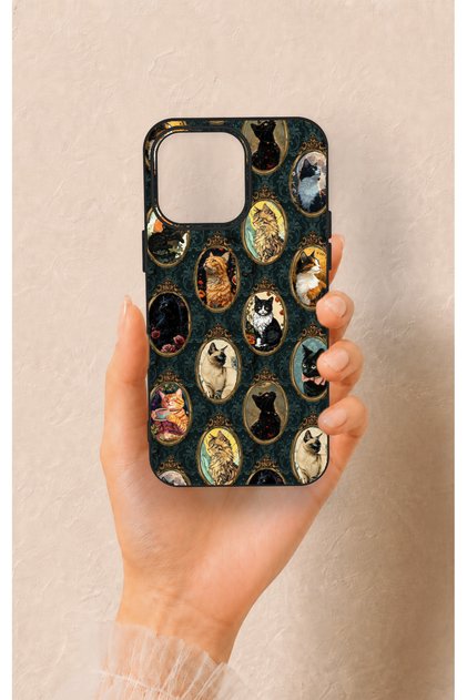 iPhone 15 Pro Max Compatible Vintage Cat Portraits Patterned Silicone Case
