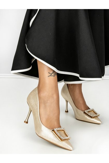 Pantofi stiletto aurii din piele ecologica Cinren