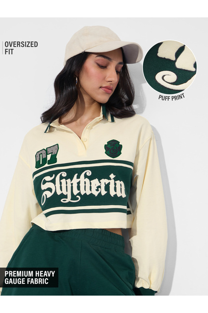 Slytherin House Crest Polo Crop Top with Long Sleeve