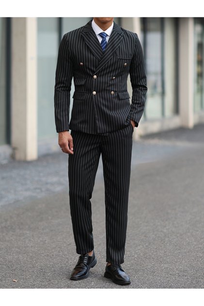 Black Pinstripe Double-Breasted Blazer and Trousers Co-Ords