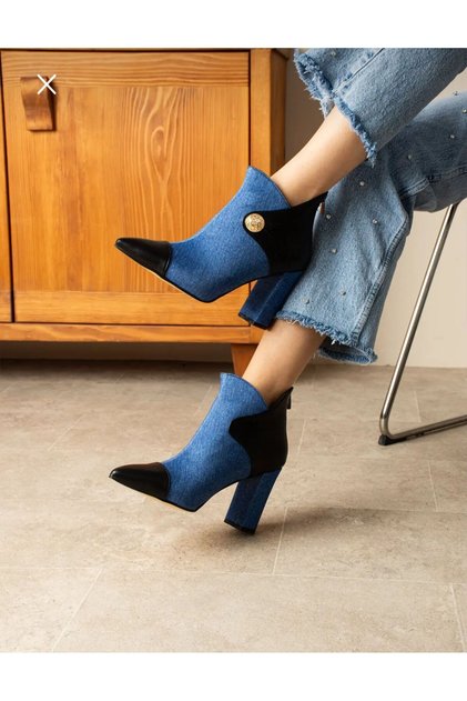 Layla Denim Suede Black Leather Detailled 7 cm Heel Boots Botti̇e