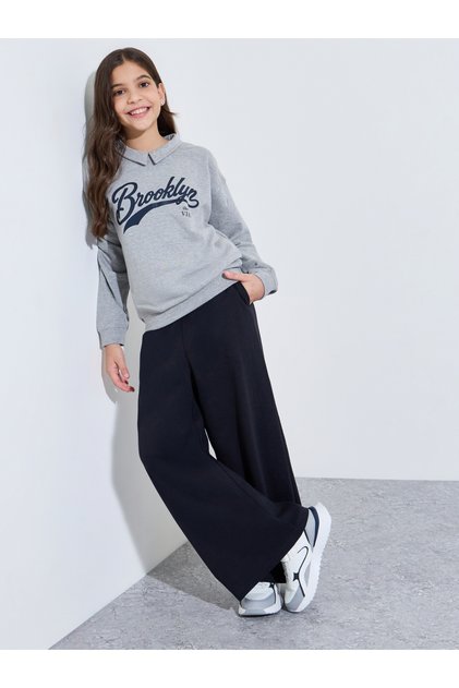 Teen Girls Grey Collared Printed Sweatshirt and Solid Navy Blue Joggers Set